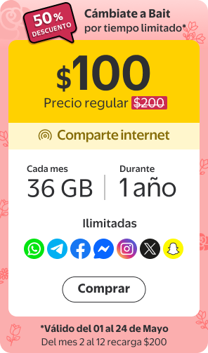 Recarga Mi Bait $200 Portabilidad a $100 móvil