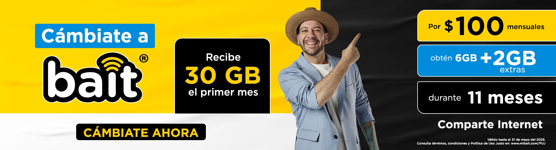 Imagen Promo con influencer Faisy. Cámbiate a Bait. Cambiate ahora Recibe 30 GB primer mes y 6 GB mas 2 GB extras durante 11 meses